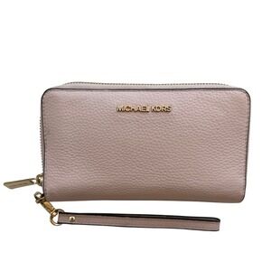 Michael Kors Jet Set Travel Zip Wristlet Wallet Blush Pink Gold Pebbled Leather